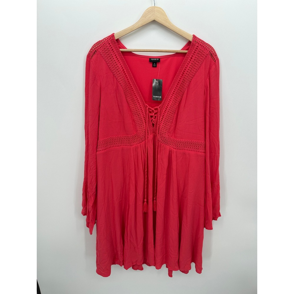 Torrid Pink Gauze‎ Lace Up Skater Dress Crochet Cottagecore Boho Fairy Sz 2X NWT